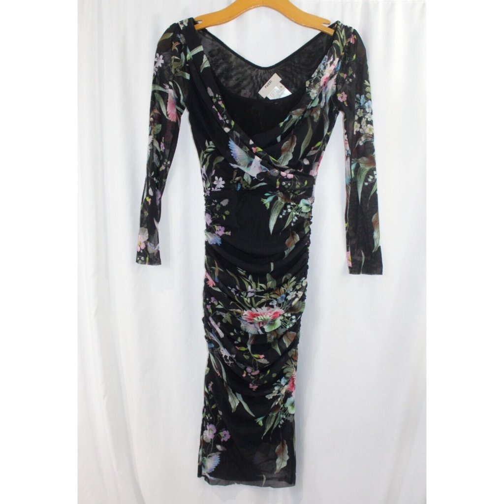 Nwt Fuzzi Womens Black Floral Long Sleeve Side Ruched Mesh Dress S